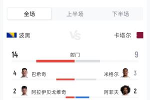 波黑3-1卡塔爾全場數據：射門14-9 射正5-3 角球5-5 黃牌0-1